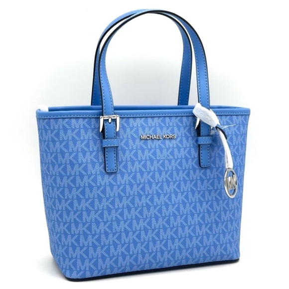 Michael Kors XS Jet Set Travel Top Zip Tote Bag Blue/Silver - Picture 1 of 11
